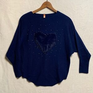 Valentines Day Navy Blue Sweater Faux Fur Heart Pearl Embellished V-Day Womens L